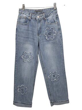 Cali 1850 Jeans Floral Patchwork Denim 26x28 Cuffed Hems Boho Festival Hippie